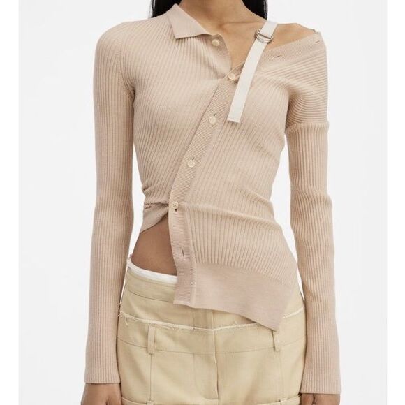 Jacquemus Tops - Jacquemus Asymmetric Ribbed Knit Cardigan with Strap in Beige Size 42 Wool Blend